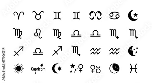 Collection of astrology horoscope symbols. Zodiac signs glyph set for spiritual and mystical design projects. Minimalist vector icons
