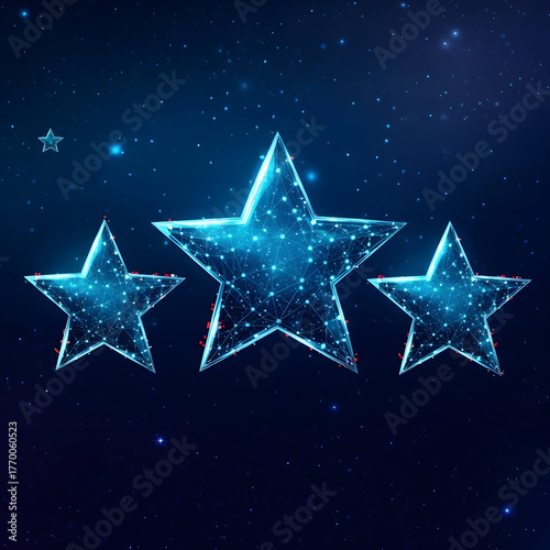 Three glowing stars in a dark blue space background with many small stars