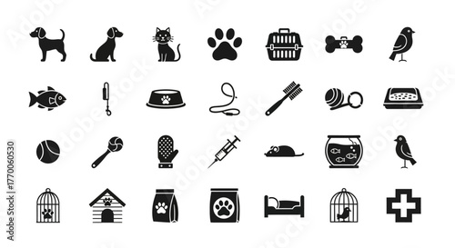 A comprehensive collection of monochrome glyph icons representing a pet shop and veterinary clinic, including animals, food, toys, and medical supplies