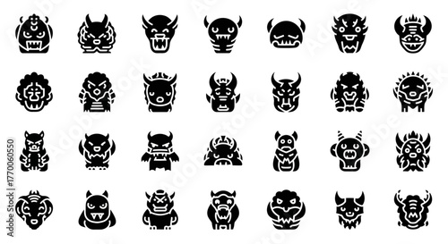 A diverse set of monstrous glyph icons featuring stylized devil and demon faces, perfect for gaming avatars or creative digital assets