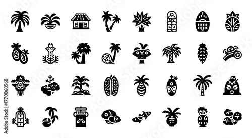 Set of tropical summer icons in a simple glyph style. Includes vector illustrations of palm trees, tiki masks, islands, and fruit