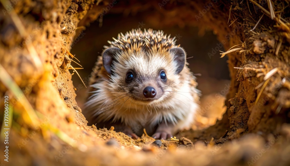 Naklejka premium Curious wild hedgehog peeking shyly from its earthy burrow, a delightful close-up showcasing its spiky coat and innocent gaze in a natural environment, highlighting wildlife
