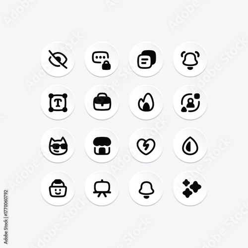 collection of icon sets from, Hide, key, Note, Bell, Text, bag, Massage,Heart