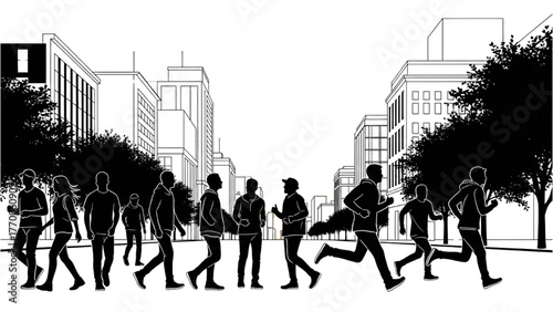 High quality black silhouette art of group of people walking, chatting, and running on city street with faint buildings and trees, clean continuous line vector illustration