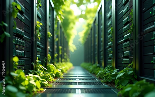 Green technology, data center, eco friendly servers, cloud computing, sustainable IT solutions, nature and technology integration with vibrant green foliage and servers. High quality