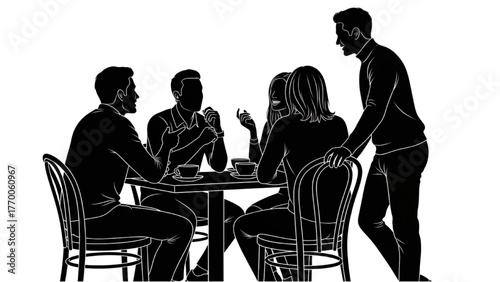 High quality black silhouette art of group of friends chatting at café table with cups and chairs outlined, relaxed posture, modern social scene on white background