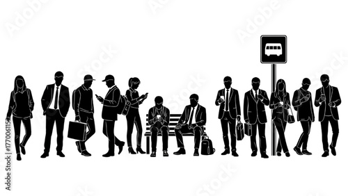 Urban people silhouette pictogram at bus stop with phones and bags