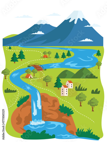 Hiking map route, mountain tracking cartoon