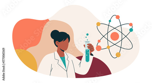 A female scientist in a lab coat conducts an experiment with a test tube, with an atom model in the background, representing scientific research.
