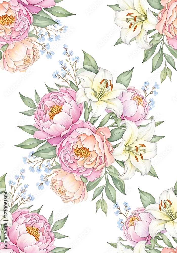 Fototapeta premium Watercolor floral pattern with peonies, lilies and forget me nots design
