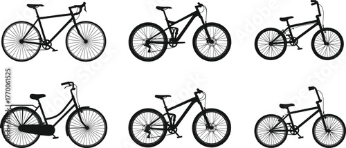 Bicycle silhouette vector set, road bike, mountain bike, BMX, city cycle, black graphic icons, transportation clipart, cycling design elements