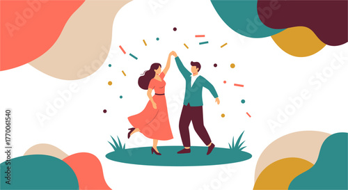A joyful couple dances gracefully, celebrating love and happiness with colorful confetti in a vibrant, artistic illustration on a white background.