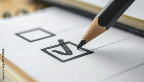 Black marking on checklist box with close-up of pencil on book background.