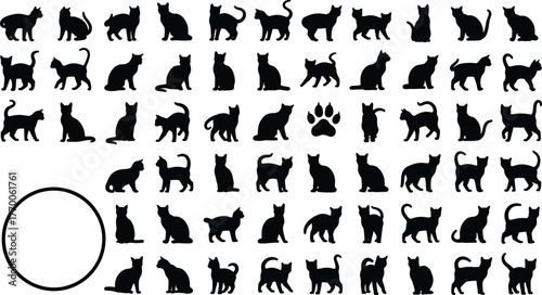 Black cat silhouette vector, various poses, paw print icon, animal clipart, feline design, pet illustration, puzzle layout, minimalist graphic art