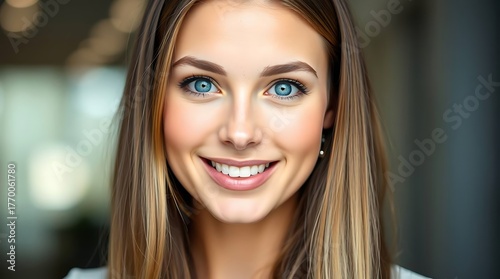 A close-up, head-and-shoulders portrait of a young woman with fair skin and bright blue eyes, smiling confidently, professional studio lighting, shallow depth of field, soft bokeh background.