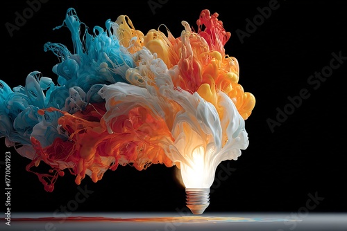 Dynamic vortex of multi colored paint swirls merging into a single brilliant point of white light representing the fusion of team ideas into one successful outcome