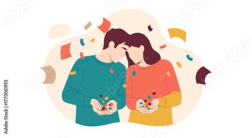 A loving couple celebrates with colorful confetti, embracing each other in a moment of joy and shared happiness in a minimalist illustration.