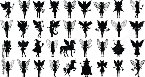 Fairy silhouette vector collection, magical creatures, fantasy wings, black graphic illustration, mythical beings, unicorn, dragon, wand, crown, enchanted artwork