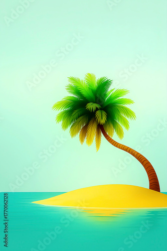 Cartoon Tropical Island with Palm Tree Yellow Sand and Turquoise Water