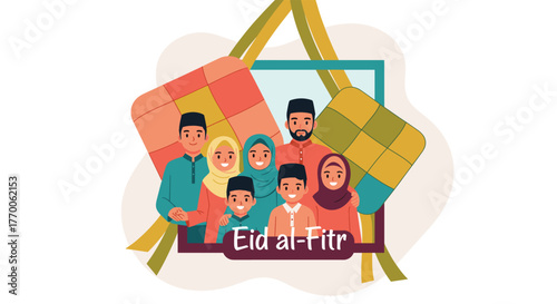 A vibrant illustration captures the spirit of Eid al-Fitr, showcasing a Muslim family gathered with traditional ketupat decorations.