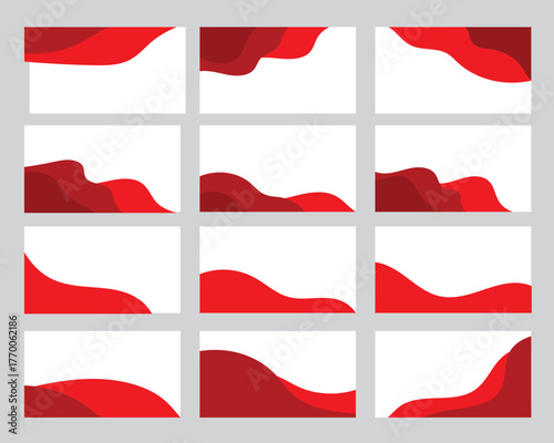 Red and white abstract wave shapes on grey grid background