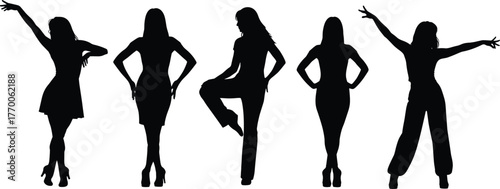 Fashion woman silhouette vector, stylish female poses, black graphic illustration, modern outfit design, confident posture, elegant stance, trendy lifestyle artwork