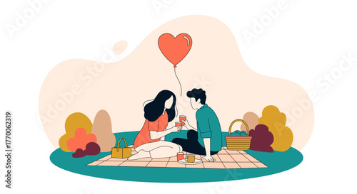 A couple enjoys a romantic picnic, toasting with wine under a floating heart-shaped balloon, celebrating love and togetherness.