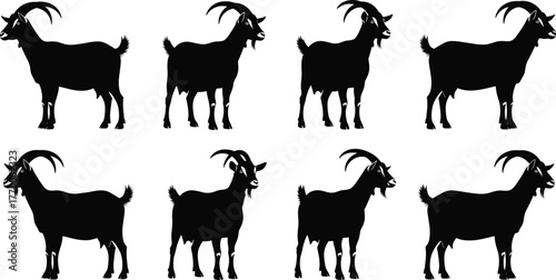 Goat silhouette vector collection, farm animal profile, black graphic design, livestock icon set, horned goat pose, rural illustration, side view artwork