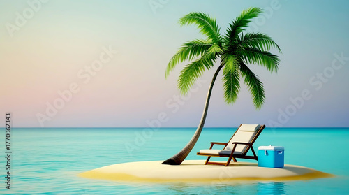 Serene Tropical Island Scene Featuring Palm Tree Chair and Cooler
