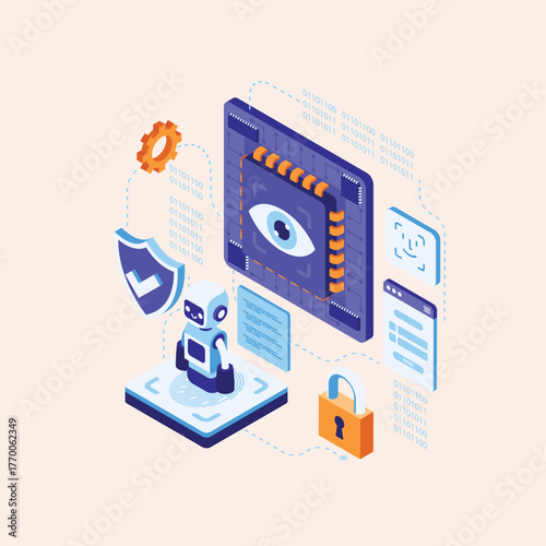 Isometric illustration of a robot with a shield, lock, and eye icon representing security, artificial intelligence, and data protection in a digital environment