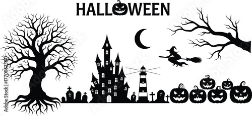 Halloween castle vector illustration, haunted house, witch on broom, graveyard scene, spooky tree, jack-o'-lanterns, moonlight silhouette, eerie holiday artwork
