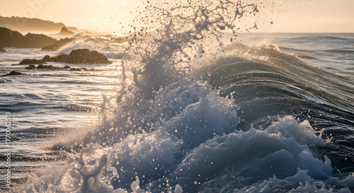 Fototapeta Naklejka Na Ścianę i Meble -  Majestic ocean wave crashing powerfully at sunset with golden light glistening on the water creating a vibrant and dynamic coastal scene