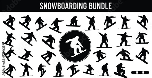 Snowboarding silhouette vector collection, extreme sport poses, winter action design, black graphic illustration, freestyle tricks, athlete movement artwork, snowboard icon set