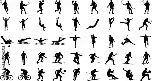 Sport silhouette vector collection, athletic movement poses, black graphic illustration, fitness activity design, dynamic athlete clipart, physical exercise artwork, training icon set