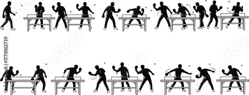 Table tennis silhouette vector, players in motion, ping pong action sequence, black and white sports illustration, dynamic athlete poses, competitive game art
