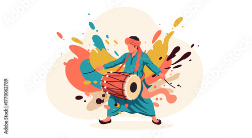 A vibrant illustration depicts a man playing a traditional Indian dhol drum, celebrating cultural festivities with colorful splashes.