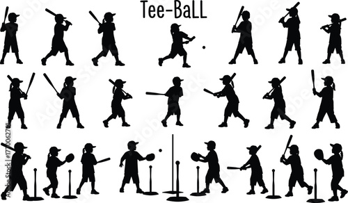 Tee-ball silhouette vector collection, children playing baseball, swinging bat, running, catching, black graphic illustration, youth sports clipart, athletic movement artwork
