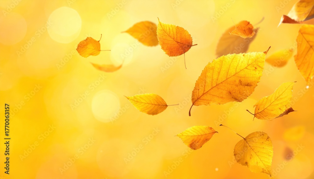 Fototapeta premium Vibrant yellow autumn leaves gracefully falling against a warm, sunlit background with a dreamy bokeh effect