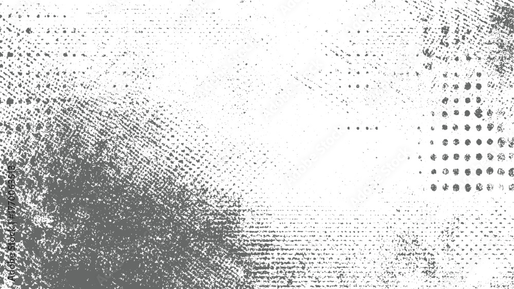 Obraz premium distressed gray and white background with scattered specks and halftone dot patterns.