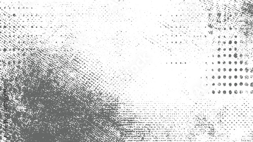 distressed gray and white background with scattered specks and halftone dot patterns.