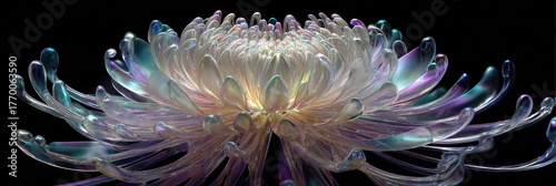 Iridescent chrysanthemum bloom, petals like glass, glowing from within against a black background