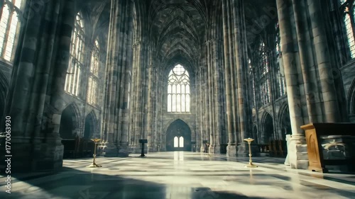 Vast gothic cathedral interior with dramatic light rays piercing high arched windows