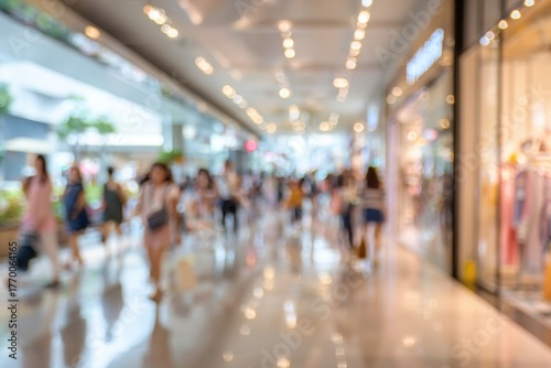 Wallpaper Mural Defocused interior shopping mall. Motion blur customers walking in shopping mall. Blurred view of a modern shopping center. Boxing Day sale. Empty copy space, panorama. Indoor blurred bokeh background Torontodigital.ca