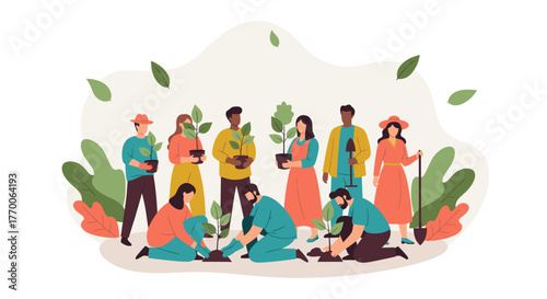 A diverse group of people planting trees and caring for the environment, symbolizing community and sustainability in a vibrant illustration.