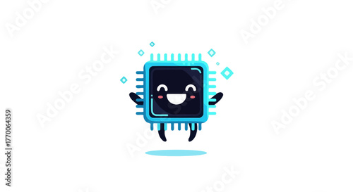 A cute kawaii CPU character icon floating with a happy smile. This friendly technology and artificial intelligence vector illustration glows with blue light