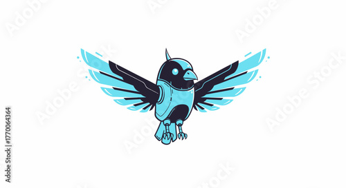 A modern graphic illustration of a bio-mechanical bird with its wings outstretched, symbolizing freedom, nature, and future technology