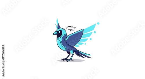 Vector illustration of a futuristic robotic bird with glowing digital wings. A cybernetic avian concept design isolated on a white background