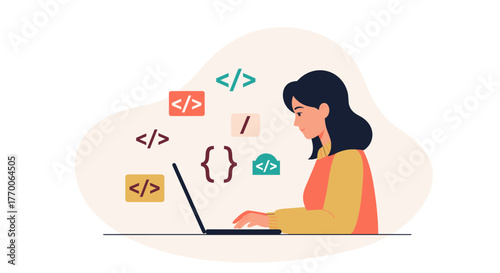 A woman works on her laptop surrounded by coding symbols representing software development and programming in a modern digital workspace.