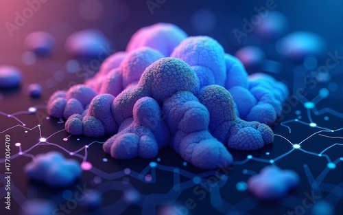 Blue purple color glitch blockchain isometric and digital cloud network technology texture pattern background. Conceptual rendering of crypto systems in 3D. High quality