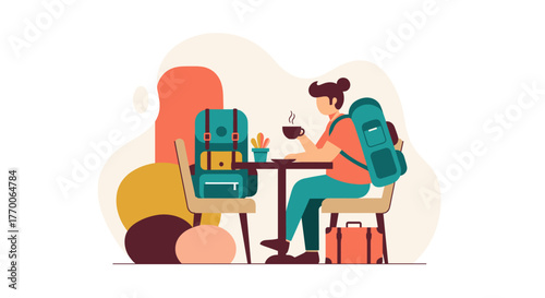 A traveler takes a break, enjoying coffee at a cafe with a backpack and suitcase, ready for their journey ahead.